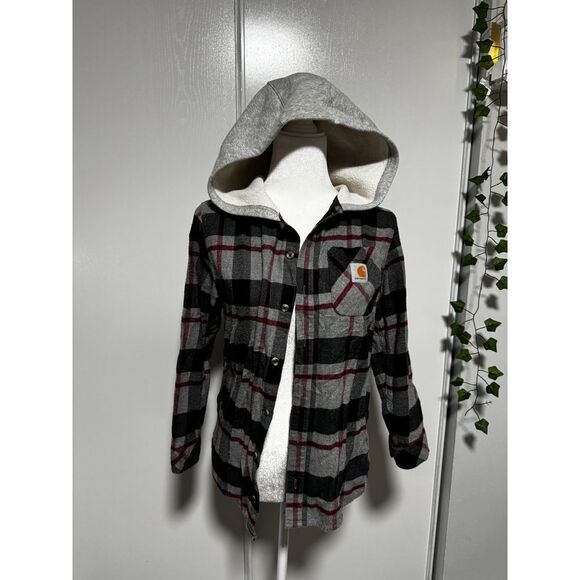 Carhartt Kids Plaid Flannel Hooded Button-Up Shirt Gray Black Red Casual LG 1416 - Picture 1 of 7